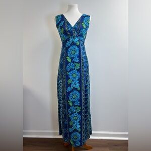 Vintage Waltah Clarke’s Barkcloth Maxi Dress, size 10. Blue floral long Hawaiian